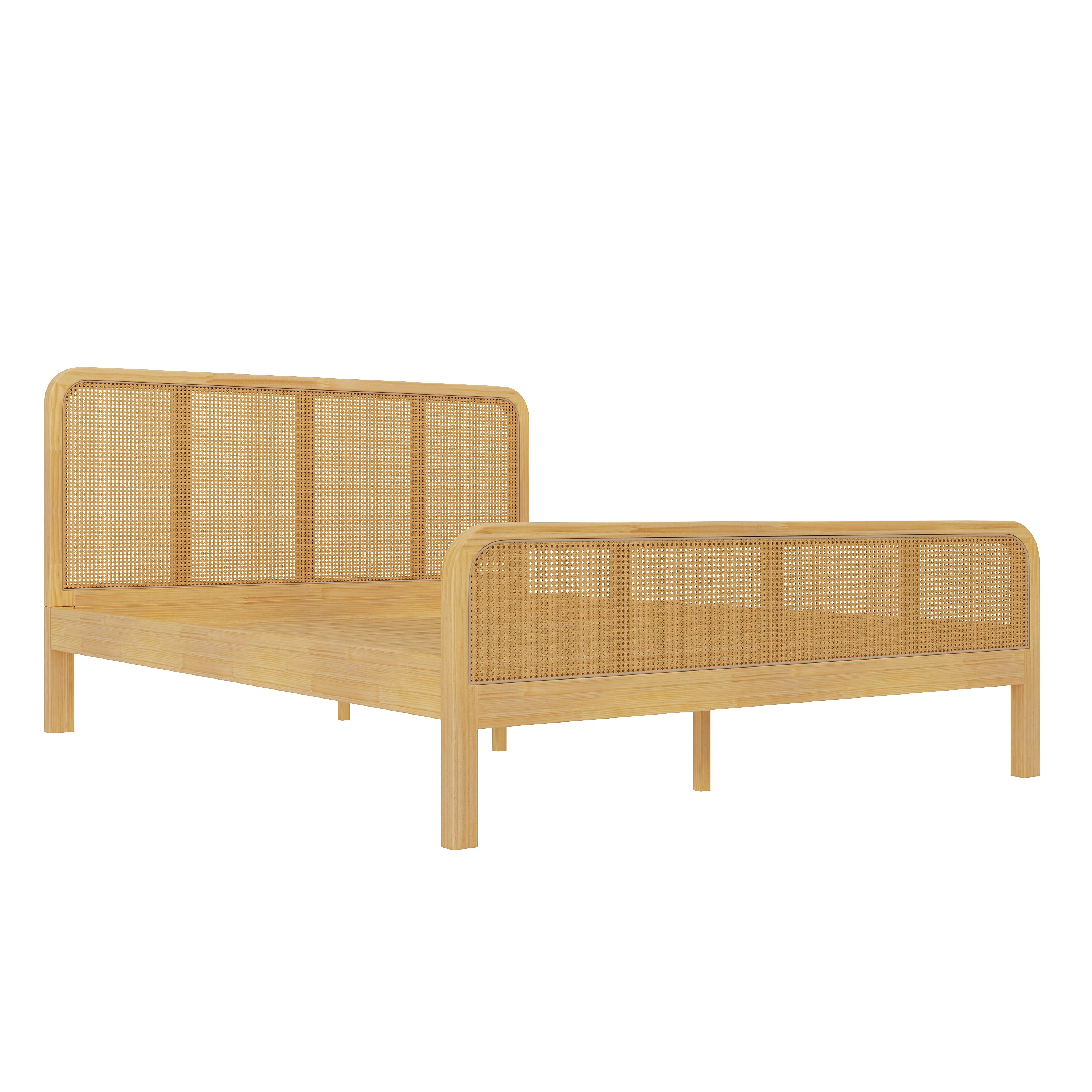 Lit de plateau en rattan moderne Noble House, dossier et pieds en cannelure avec panneaux tissés naturels, cadre de lit à l'âge d'or, noyer