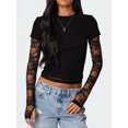 thumbnail image 4 of Women'S T-Shirt Slim Fit Lace Panel Sleeves Crop Top with Thumb Hole Round Neck Y2K Style for A Trendy Look Black S, 4 of 7