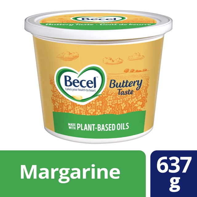 Becel Buttery Margarine 637g container with yellow and green packaging, featuring the Becel heart logo and labelled as made with plant-based oils and buttery taste, suitable as a 1:1 butter substitute for spreading, cooking, and baking.