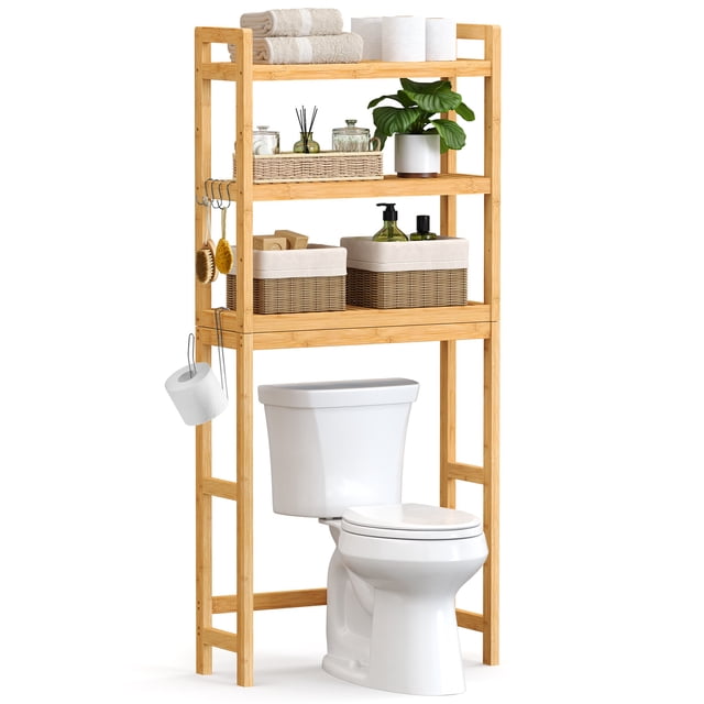 SONGMICS Over-The-Toilet Storage Bathroom Organizer Toilet Rack with Adjustable Shelf, Natural UBTS001N01. A bamboo bathroom organizer with three shelves, four hooks, and a toilet paper holder, ideal for maximizing storage space. The adjustable middle shelf accommodates items of varying heights, while the bottom bar adjusts to fit different toilet sizes. Made of durable natural beige bamboo, this space-saving organizer adds functionality and style to bathroom accessories.