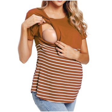 Dvkptbk Women's Nursing Tops for Breastfeeding Shirts Maternity Clothes Double Layer Ladies Fashion Solid Color Stripe Print Short Sleeve Maternity Breastfeeding Clothe Top - Summer Clearance