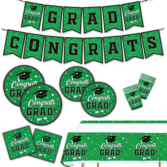 6 Pack - Graduation Party Disposable Tableware Set - Plates Cups Napkins Tablecloth Decorations Black Red Blue Green Purple Gold Accents, Green, JKODE