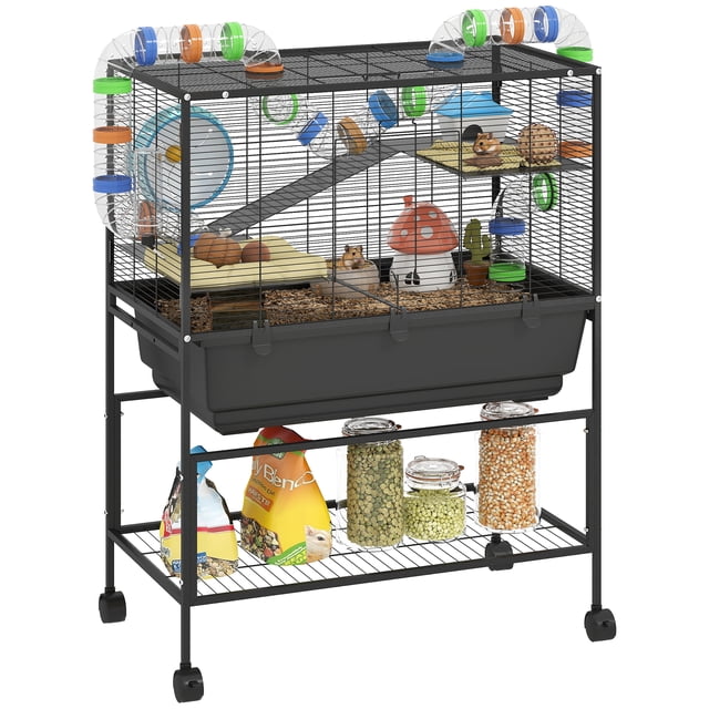 PawHut Large Hamster Cage, 3 Tier Rolling Gerbil Cage with Storage Shelf