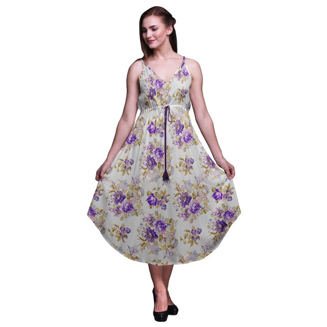 Bimba Robe de Plage Bohème Sans Manches Midi à Bretelles Imprimée Florale pour Femme - Très Petit