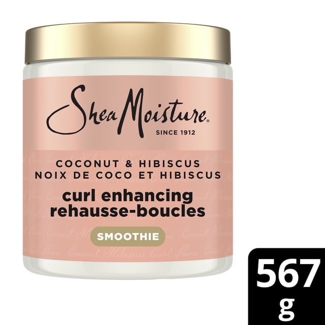 SheaMoisture Coconut & Hibiscus Curl-Enhancing Smoothie 567g in a white jar with a gold lid and pink label, enriched with Silk Protein, Neem Oil, and Coconut Oil to hydrate, define, and boost shine for curls, ideal for moisturizing and reducing frizz in hair styling products.