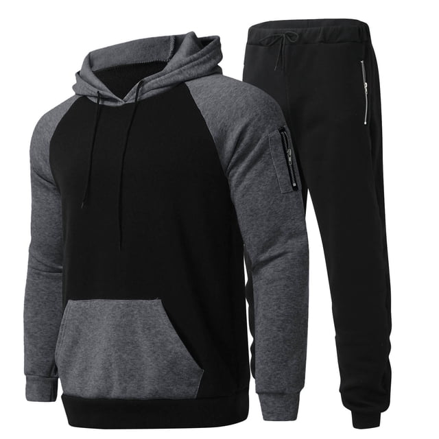 Male Casual Solid Two Wool Suits for Men Slim Fit Piece Suit Zipper Pocket Men Slim Suit Set Raglan Sleeve Hoodies Drawstring Man Dress Suit Zipper Pocket Pants Set