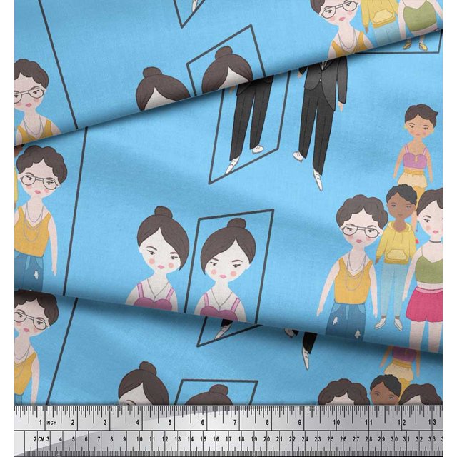 Soimoi Blue Rayon Fabric Mirror Theme Human Figure Print Fabric by Yard 42 Inch Wide