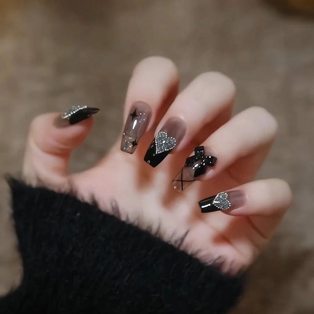 HLONK 24Pcs Gel Press on Nails Gel French Long Fake Nails Press on Tips With Glue Rhinstone with Butterfly NO.13