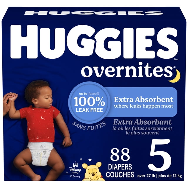 Huggies Overnites Nighttime Baby Diapers Size 5 (27+ lbs), 88 count box with a baby wearing a red shirt and a white diaper featuring Disney Winnie the Pooh design, offering extra absorbent protection and up to 100% leak-free overnight dryness for comfortable sleep.