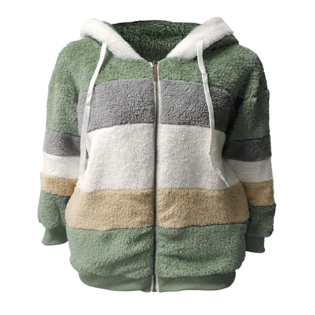 Women Fuzzy Fleece Hooded Coat Open Front Color Block Fluffy Hoodies Jacket Outwear with Pockets