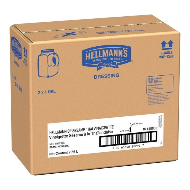 Hellmann's Sesame Thai Vinaigrette Dressing | 3.78L/Unit, 2 Units/Case Two 3.78L labeled bottles side-by-side on a white background showing Hellmann's branding and product name; ingredients listed in the product specs include sesame, garlic, ginger, soya sauce and rice wine vinegar. Often used as a salad dressing or suitable for marinating grilled proteins.