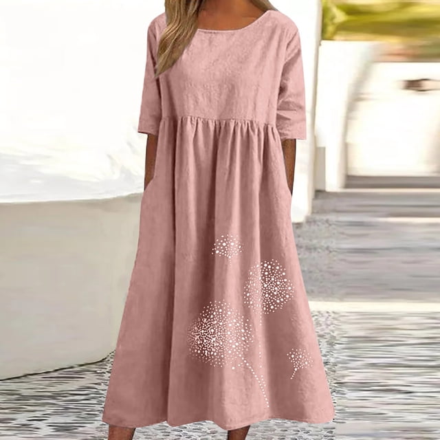 Pisexur Robes d'Été en Coton et Lin pour Femmes, Imprimé Floral, Robes Maxi à Manches Courtes Volantées, Col Rond, Coupe Ample, Robe Soleil pour Plage et Vacances avec Poches, Grande Taille P-5TG
