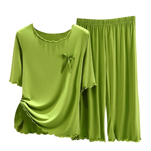 Yuyuzo Ensembles de Pyjama 2 Pcs pour Femmes T-Shirts à Manches Courtes à Col Ras du Cou Pantalons Amples Confortables Ensembles de Pyjamas à Volants Vêtements de Nuit