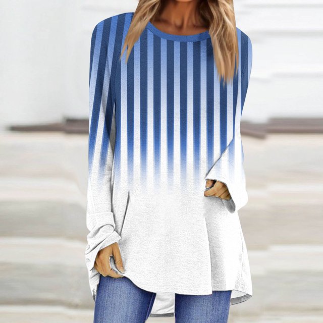 Styesk Chandails à Manches Longues pour Femmes Grande Taille Tendance Chemise Rayée Ample Col Rond Chandail Tunique Hauts Décontractés Dégradé Doux Léger Chandail