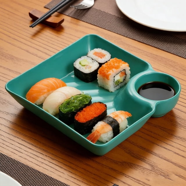 Japanese Style Dumpling Plate with Vinegar Compartment - Reusable Stackable Dish for Meals Parties, Food Safe Material for Home Cafe Use, Green, JKODE