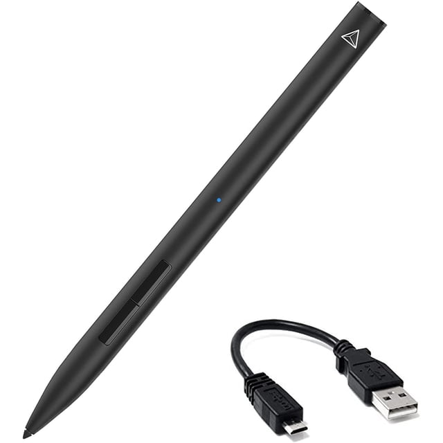 Adonit Note Plus Palm Rejection Stylus for Touch Screen Devices in black with a slim matte body, two programmable shortcut buttons, a blue LED indicator, and a white triangular logo near the top, shown with a short black USB to micro-USB charging cable, supporting 2048 levels of pressure sensitivity and palm rejection, ideal for precise drawing and note-taking on Android and Samsung tablets.