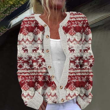 Jsaierl Christmas Sweaters for Women Ugly Funny Xmas Print Cardigans Button Up Long Sleeve Sweater Fall Winter Vintage Knitted Outerwear