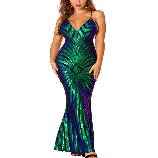 Women Sequins Formal Dress Shiny V Neck Backless Evening Gown