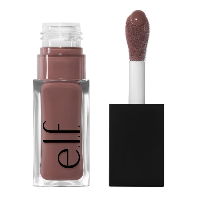 e.l.f. Cosmetics Glow Reviver Lip Oil in a clear rectangular bottle with mauve tinted oil, featuring a black square cap and a white wand applicator with a plush tip coated in the tinted lip oil, ideal for hydrating lips with a sheer tint and high-gloss finish.