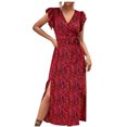 thumbnail image 2 of Robes pour Femmes 2024 Été Surdimensionné Printemps / Vacances Loisirs Robe à Col en V Taille Haute Lacée Fendue Imprimée 50 % de Réduction!, 2 of 8