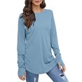 thumbnail image 2 of Tuniques à Manches Longues pour Femmes avec Trous pour les Pouces, Couleur Unie, T-Shirts Décontractés Amples, Automne, Tendance, Col Rond, Chandail à Enfiler, Blouses, Bleu, M, 2 of 6
