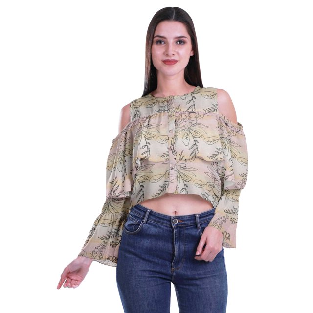 Moomaya Printed Casual Long Sleeve Tops Women Cold Shoulder Ruffle Sleeves Top