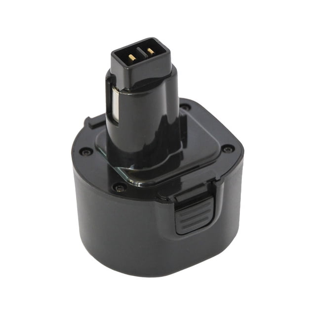 DeWalt DW926 Battery - Replacement DeWalt 9.6V Battery (1300mAh, NICD) by UpStart Battery. A black, compact power tool battery with a rectangular base and a protruding connector, designed to replace DeWalt 9.6V power tool batteries. Suitable for various DeWalt power tools, offering 1300mAh capacity and NICD technology. One-year warranty included.