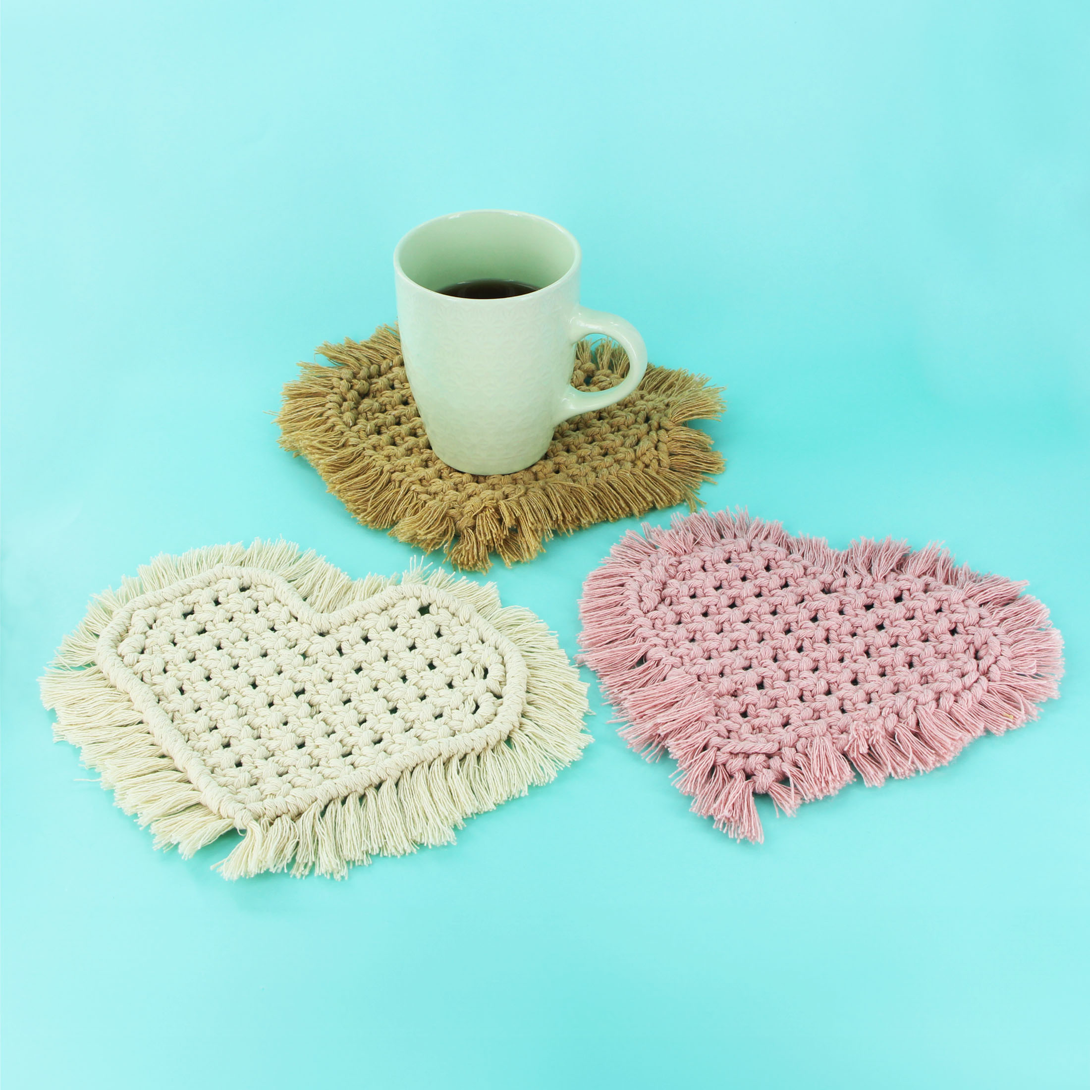 UNIQUE CREATIV CRAFT Macramé Coaster Kit - Heart, 3 pcs, Age 8+, Beginner, 15.5 cm (6.1 in)