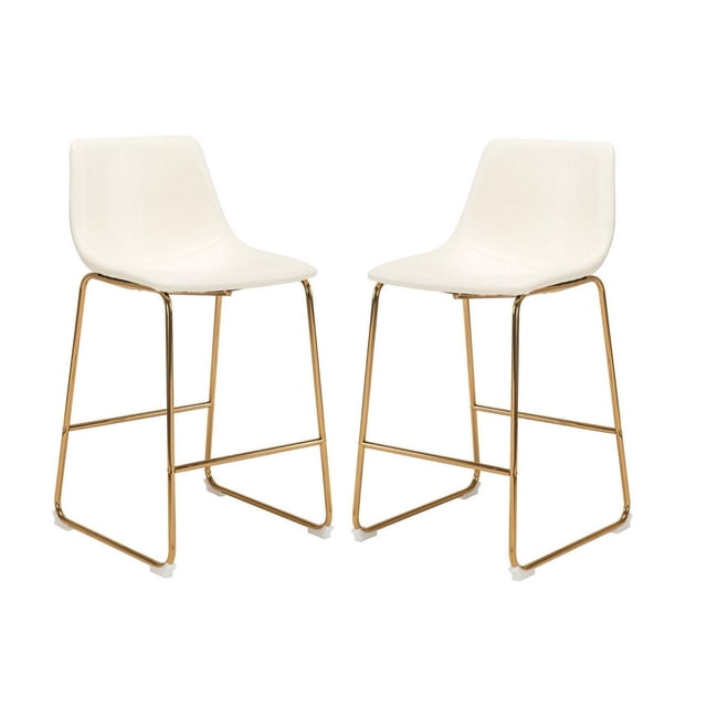 Heavenly Collection PU Stool set of 2, modern counter stools with white faux leather seats and brushed gold steel legs with footrests and protective plastic glides, suitable for kitchen islands or restaurant seating, 35 inches tall with 26-inch seat height.