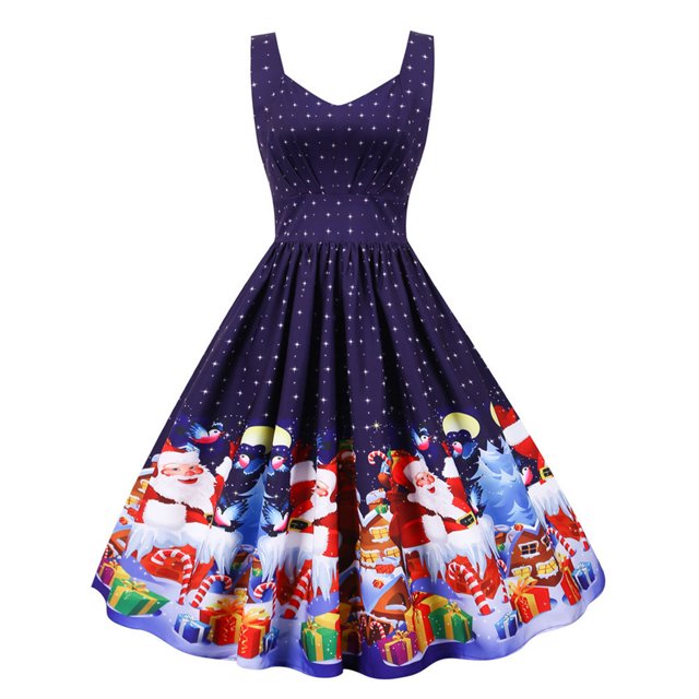 Fridja Femmes Casual Noël Imprimé Sans Manches Tirer Dos Swing Robe de Soirée