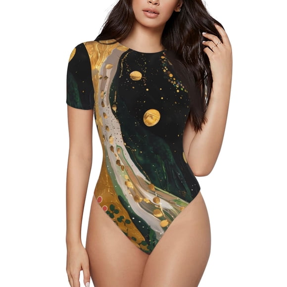 Easygdp Abstract Gold Floral Galaxy for Women's One-Piece Swimsuit Bathing Suit Slim Fit Crew Neck Bodysuit Athletic Swimwear with Concealed Buckle-Small