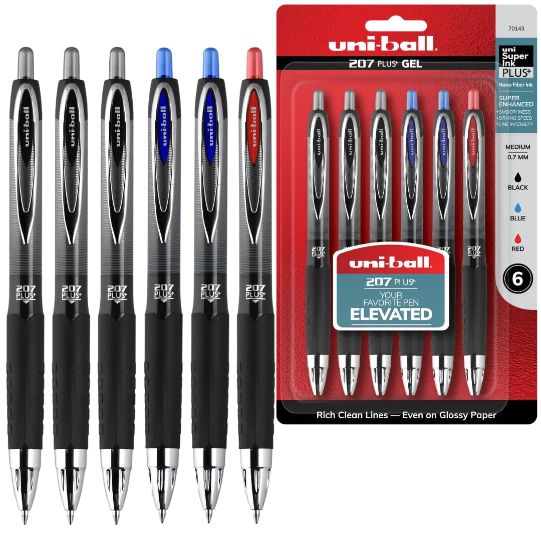 uni-ball 207 Plus+ Retractable Gel Pen 6 Pack in Assorted Colors with 0.7mm Medium Point Pen Tips, Uni-Super Ink is Smooth, Vibrant, and Protects Against, Water, Fading,