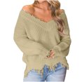thumbnail image 1 of Dagegui Womens Off the Shoulder Sweater Solid V Neck Long Sleeve Loose Knitted Pullover Ripped Crop Top Khaki,L, 1 of 6
