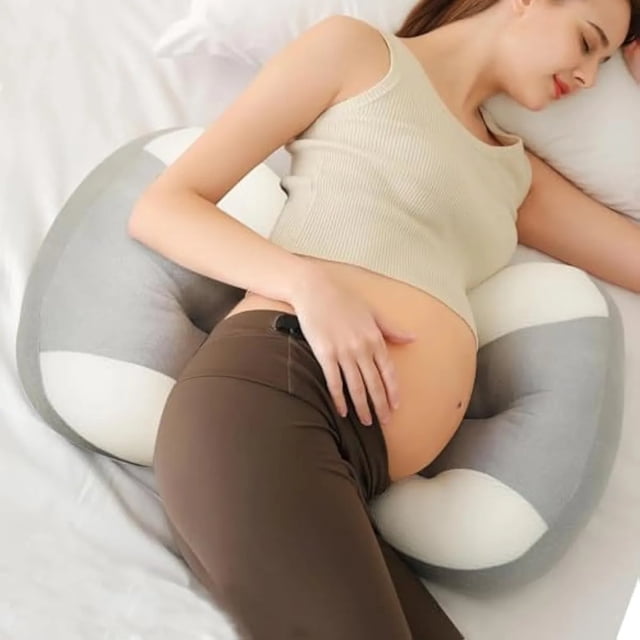 Grey U-Shape Pregnancy Pillow with Adjustable Strap designed for prenatal care and full body maternity support. Relieves pressure on belly, back, hips, and legs with ergonomic cushioning. Made with soft, breathable fabric and PP cotton filling. Features a removable, machine-washable cover and Velcro strap for adjustable fit. Ideal for sleeping, nursing, reading, and relaxing.
