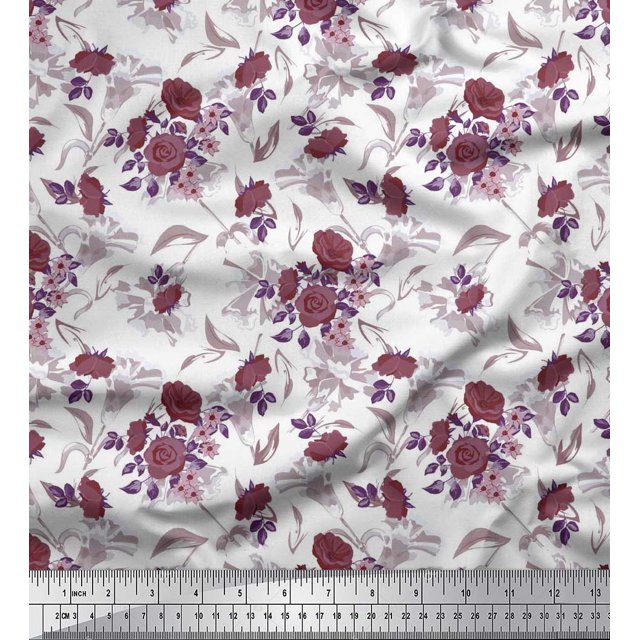 Soimoi Rayon Fabric Leaves & Rose Flower Printed Fabric 1 Yard 56 Inch Wide