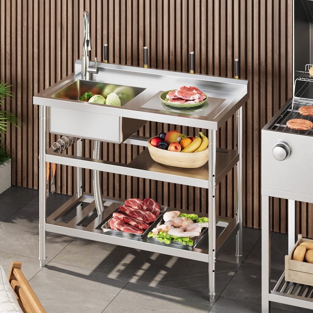 EDTara Commercial Stainless Steel Utility Sink, Freestanding Single Bowl With Pull-Down Hot & Cold Water Faucet, Built-In Wash Board, and Open Shelf for Convenient Indoor or Outdoor Use