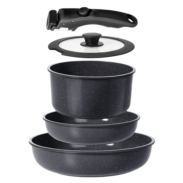 GiPP 5Pcs Ceramic Pots and Pans Set Nonstick Cookware Sets in grey, featuring a stackable design with a nonstick ceramic coating. Includes three pots, a glass lid, and a detachable handle for versatile use. Compatible with induction, gas, ceramic, and electric stovetops. Ideal for compact kitchens, RVs, and small spaces.