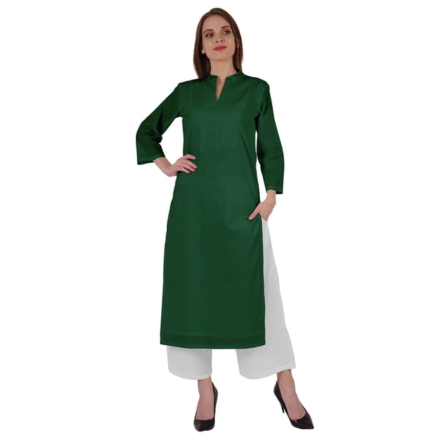 Bimba Kurta en Coton Col Mandarin avec Plis pour Femmes Ethnique Indienne Droite Unie