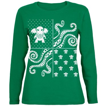 Cthulhu Lovecraft Dimensions Chandail de Noël Laid Vert T-Shirt à Manches Longues pour Femmes