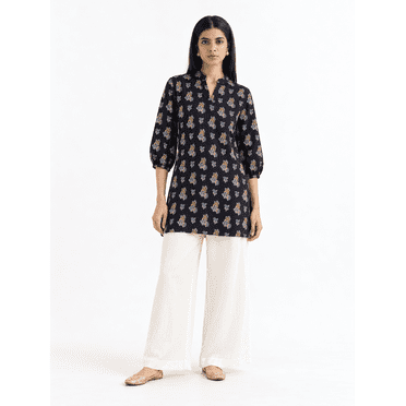DWEEP SARA Kurti / Tunique Courte Imprimée à Motifs Ethniques pour Femmes en Mélange de Coton Bleu Marine, M-38