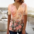 thumbnail image 1 of EGNMCR T-Shirts pour Femmes Femmes Mode Été Pli Imprimé Régulier Femmes Manches Courtes Col en V Bouton Haut, 1 of 5