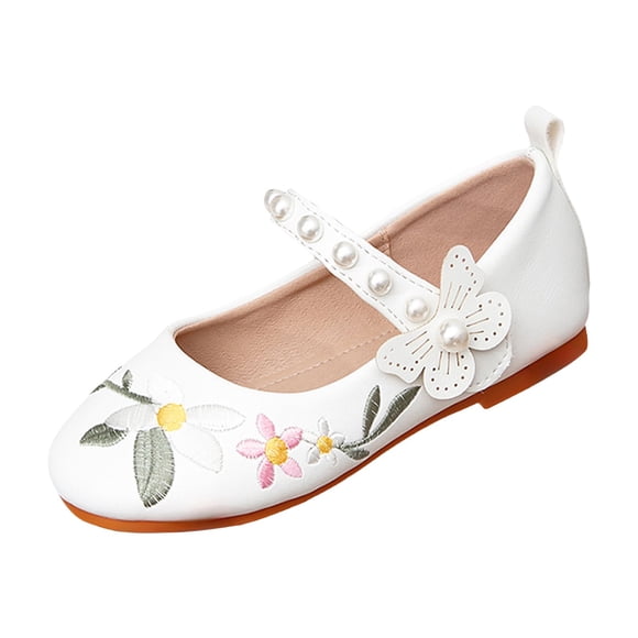 Splozh Girls Ballet Shoes Mary Jane Girls Princess Shoes Embroidered Cute Children's Shoes Little Girl Bow Pearl Flat Shoes White,8-9 Years
