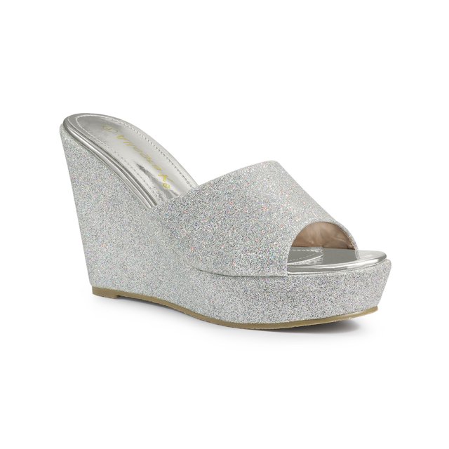 BLISSFUL STEP Women's Glitter Wedge Slide Sandals Open Toe Platform Mules Silver 8.5