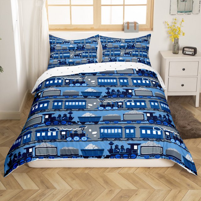 Erosebridal Blue Train Comforter Cover Full, Steam Engine Bedding Full Size, Cartoon Vehicle Decor, Reversible 3-Piece(No Comforter)