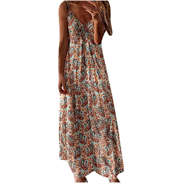 Fridja Été Femmes V-Cou Casual Impression en Vrac Sans Manches Longue Robe