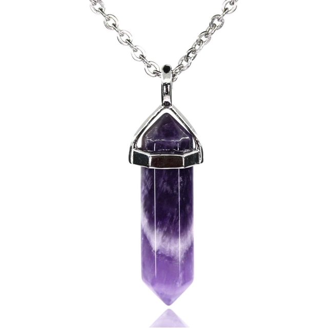 African Amethyst Gemstone Hexagonal Pointed Reiki Chakra Pendant Necklace 18"