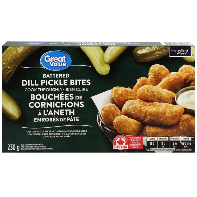 Great Value Battered Dill Pickle Bites box showing golden battered pickle spears in a black basket with dipping sauce, surrounded by whole and sliced dill pickles on a dark green background, emphasizing frozen appetizer quality and Canadian origin.