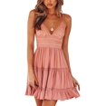 thumbnail image 1 of Robe Patineuse Mini Évasée pour Femmes à Col en V, Bretelles Spaghetti, Nœud, Dos Nu, Sans Manches, en Dentelle, 1 of 7