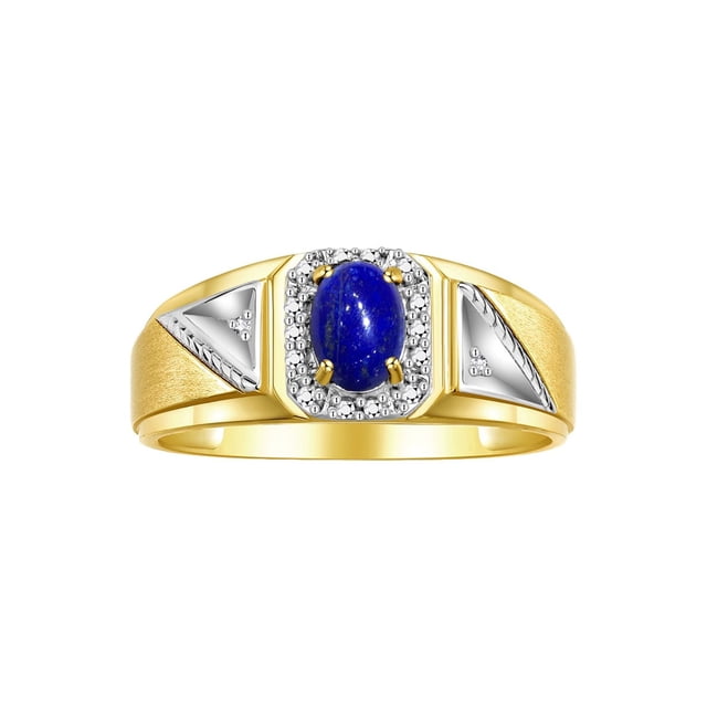 RYLOS Men's Rings Yellow Gold Plated Silver Classic 7X5MM Oval Gemstone & Diamond Ring Lapis September Birthstone Rings For Men Size 10