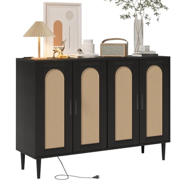 Buffet avec Station de Recharge, Bahut Rustique de 47,4 Pouces avec Portes en Rotin et Tablettes Ajustables pour Cuisine, Salon et Couloir